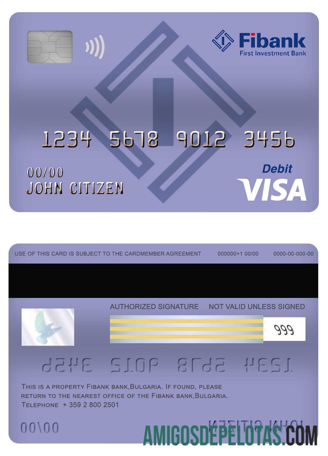 Cartão de débito Visa do Banco Fibank da Bulgária amostra